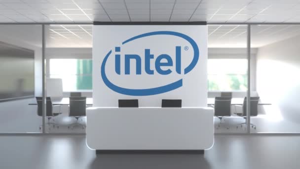 Сучасний офісний зал зустрічей і прийом з логотипом корпорації Intel. Редакційна концептуальна 3D анімація — стокове відео