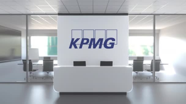 KPMG logo above reception desk in the modern office, editorial conceptual 3D animation — Stock video