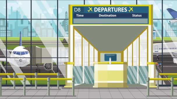 Flygplats avgång ombord med Quebec city bildtext. Resor i Kanada relaterade loopable tecknad animation — Stockvideo