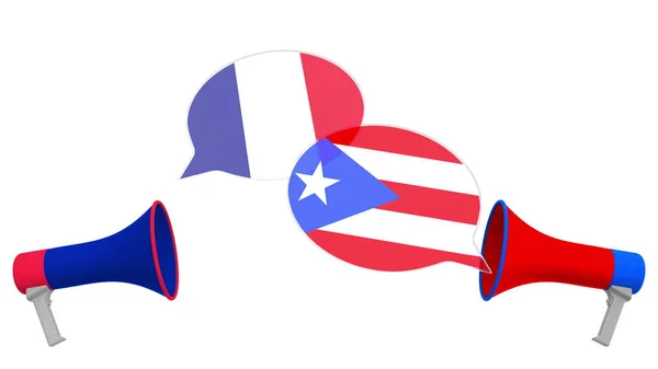 Мовні бульбашки з прапорами Пуерто-Рико та Франції. Міжкультурний діалог або міжнародні розмови пов'язані 3d рендеринга — стокове фото