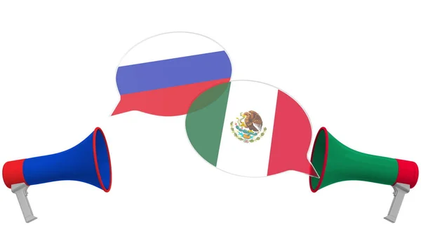 Burbujas de voz con banderas de México y Rusia y altavoces. Diálogo intercultural o charlas internacionales relacionadas con la representación 3D — Foto de Stock
