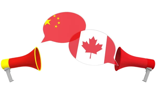 Spraakbellen met vlaggen van Canada en China. Interculturele dialoog of internationale besprekingen in verband met 3d rendering — Stockfoto