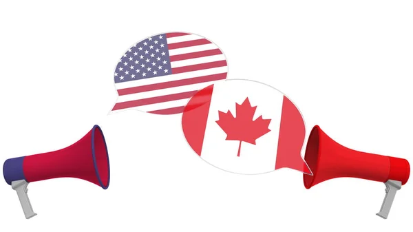 Bulles orales avec drapeaux du Canada et des États-Unis. Dialogue interculturel ou pourparlers internationaux liés au rendu 3D — Photo