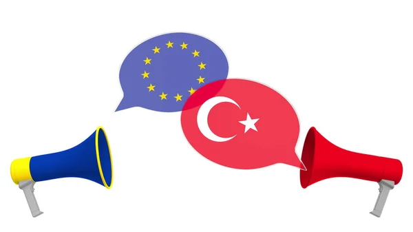 Pidato gelembung dengan bendera Turki dan Uni Eropa Uni Eropa. Dialog lintas budaya atau pembicaraan internasional terkait rendering 3D — Stok Foto