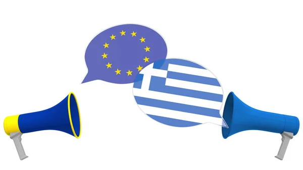 Tal bubblar av flaggor från Grekland och EU. Interkulturell dialog eller internationella samtal med anknytning till 3D-återgivning — Stockfoto
