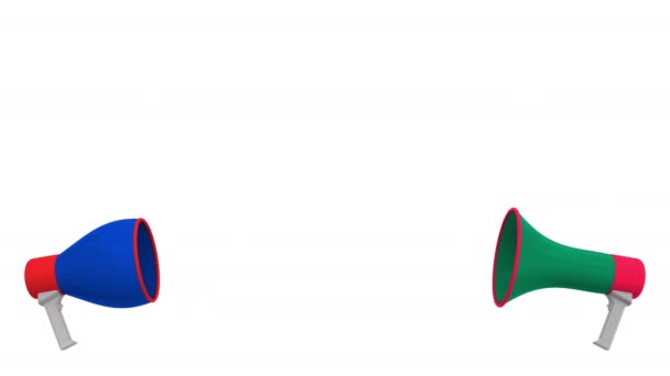 Прапори Бангладеш і Росії на мовну кулю з мегафонів. Міжкультурний діалог або міжнародні розмови пов'язані 3d анімації — стокове відео