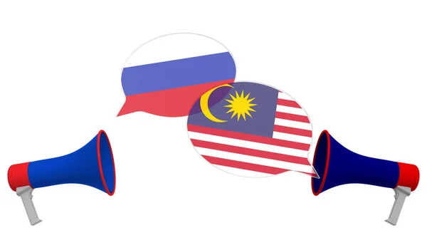 말레 이지아와 러시아의 국기가 확성기를 울리며 거품을 일으키고 있습니다. 국제 대화 또는 문화간 대화는 3D 렌더링 과 관련 이 있다. — 스톡 사진