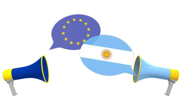 アルゼンチンと欧州連合(EU)の旗を持つスピーチバブル。異文化間の対話や国際会談関連の3Dレンダリング — ストック写真