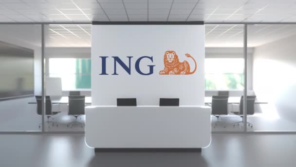 Logo de ING en una pared en la oficina moderna, animación conceptual editorial 3D — Vídeo de stock