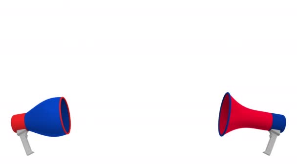Речевые пузыри с флагами Коста-Рики и России и громкоговорителями. Межкультурный диалог или международные переговоры о 3D анимации — стоковое видео