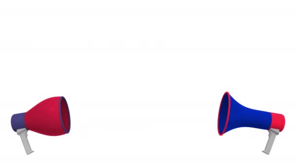 Флаги Франции и США на речевых шарах из мегафонов. Межкультурный диалог или международные переговоры о 3D анимации — стоковое видео
