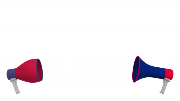 Прапори Австралії та Уса на мовній кулі з мегафонів. Міжкультурний діалог або міжнародні розмови пов'язані 3d анімації — стокове відео