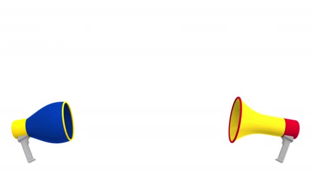 Прапори Румунії та Європейського Союзу про мовні кулі з мегафонів. Міжкультурний діалог або міжнародні розмови пов'язані 3d анімації — стокове відео