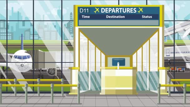 Voo para Pittsburgh na placa de partida do aeroporto. Viagem para os Estados Unidos loopable animação dos desenhos animados — Vídeo de Stock