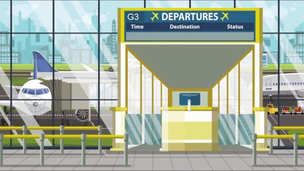 空港ターミナル。モスル語のテキストでゲートの上の出発ボード。イラクへの旅行ループ可能な漫画のアニメーション — ストック動画