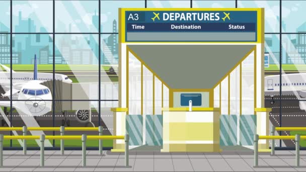 Partenza nel terminal dell'aeroporto con didascalia Milwaukee. Viaggio negli Stati Uniti animazione a cartoni animati — Video Stock