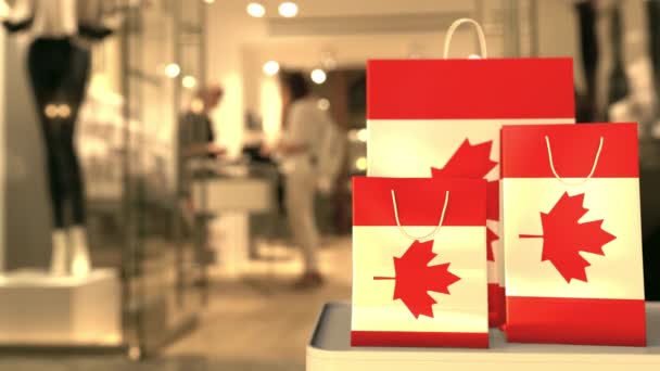 Sacs à provisions avec drapeau du Canada contre magasin flou. Clip lié au magasinage canadien — Video