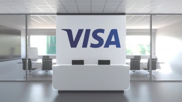 Logotipo de VISA en una pared en la oficina moderna, animación conceptual editorial 3D — Vídeo de stock