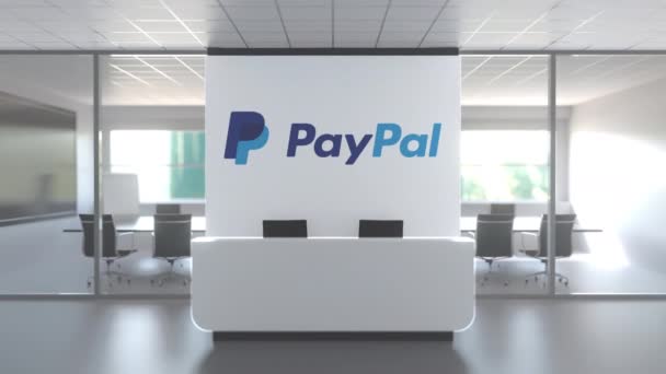 Logo of Paypal на стіні в сучасному офісі, редакційна концептуальна 3D анімація — стокове відео