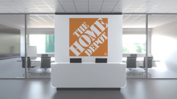 Modern ofiste resepsiyon masasının üstündeki Home Depot logosu, editoryal kavramsal 3D animasyon. — Stok video
