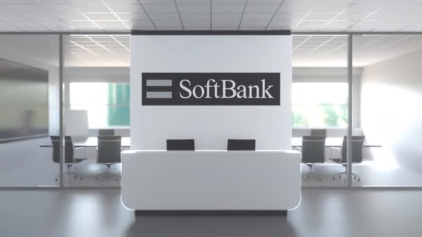 Logo de SOFTBANK em uma parede no escritório moderno, animação 3D conceitual editorial — Vídeo de Stock