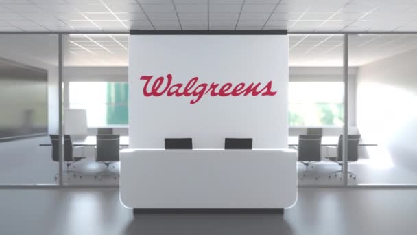 Walgreens logotyp i modernt kontor och mötesrum, redaktionell konceptuell 3D-animation — Stockvideo