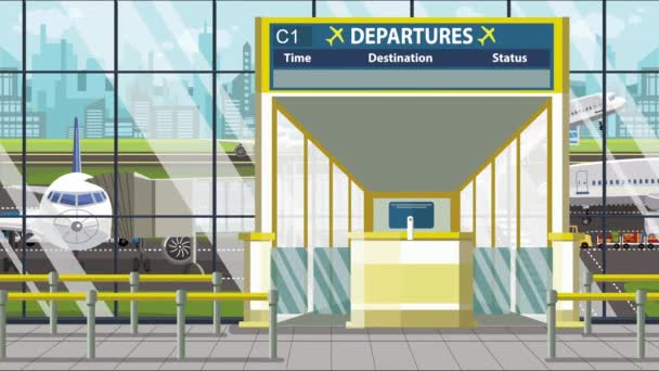 Flygplatsporten. Avgång ombord med Islamabad text. Resor till Pakistan relaterade loopable tecknad animation — Stockvideo