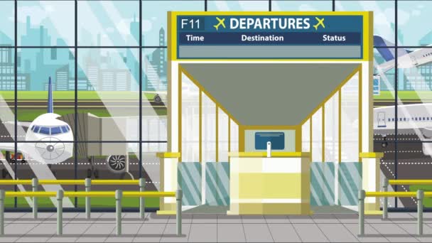 Terminal aéroport. Tableau de départ au-dessus de la porte avec texte Abu dhabi. Voyage à United arabe émirats animation de bande dessinée en boucle — Video