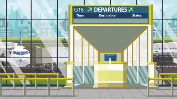 공항 터미널의 출발 게시판 과 애들레이드 캡션. 호주 여행 할 수있는 만화 애니메이션 — 비디오