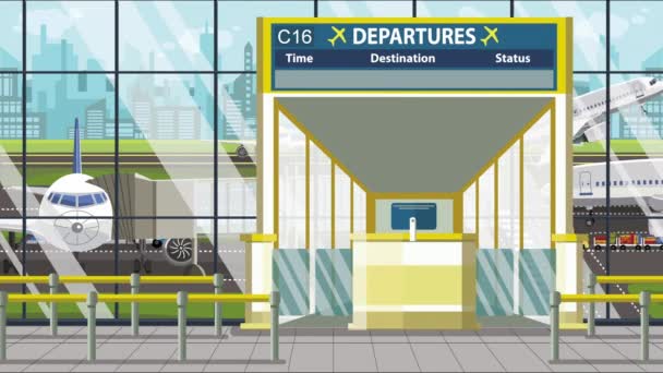 Vol pour Medina au départ de l'aéroport. Voyage en Arabie Saoudite animation de bande dessinée en boucle — Video