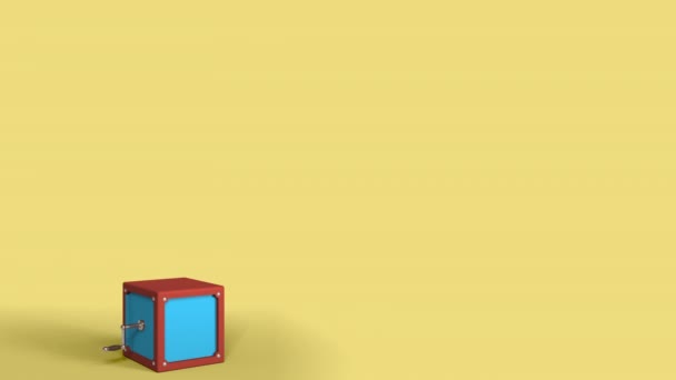 Jack-in-the-box, ajándékszöveggel a felugró táblán. 3D animáció — Stock videók
