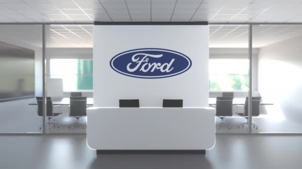 Ford-Logo in modernem Büro und Besprechungsraum, redaktionelle konzeptionelle 3D-Animation — Stockvideo