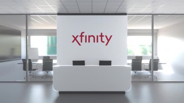 현대 사무실의 리셉션 데스크 위 의 Xfinity 로고, 편집 개념 3D 애니메이션 — 비디오