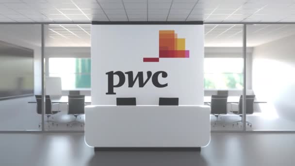 Modern ofisin duvarında PWC logosu, editoryal kavramsal 3D animasyon — Stok video
