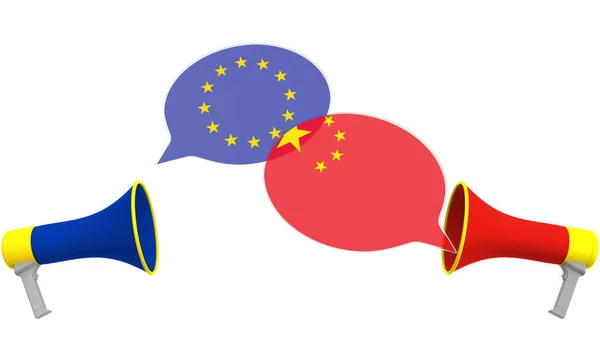 Flags of China and the European Union on speech balloons from megaphones. Intercultural dialogue or international talks related 3D rendering — Stock Photo, Image