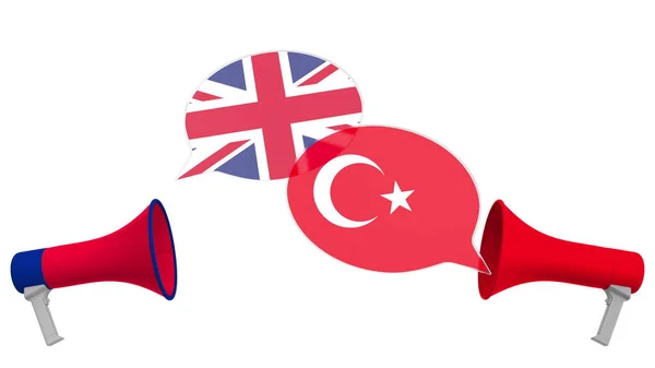 Ομιλίες με σημαίες της Τουρκίας και του Ηνωμένου Βασιλείου. Διαπολιτισμικός διάλογος ή διεθνείς συνομιλίες 3d απόδοση — Φωτογραφία Αρχείου