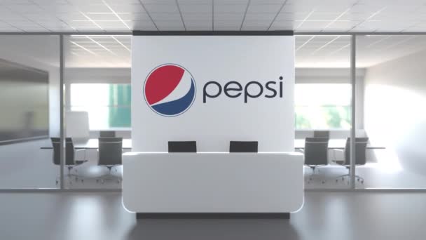 Логотип PEPSI в современном офисе и конференц-зале, редакционная концептуальная 3D анимация — стоковое видео