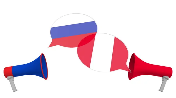 Burbujas de habla con banderas de Perú y Rusia. Diálogo intercultural o charlas internacionales relacionadas con la representación 3D — Foto de Stock