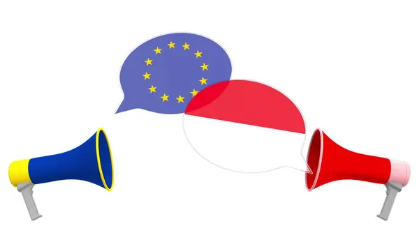 Flags of Indonesia and the European Union on speech bubbles with loudspeakers. Intercultural dialogue or international talks related 3D rendering — Stock Photo, Image