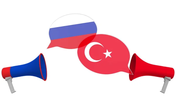 Burbujas de discurso con banderas de Turquía y Rusia. Diálogo intercultural o charlas internacionales relacionadas con la representación 3D — Foto de Stock