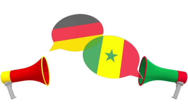 Speech bubbels met vlaggen van Senegal en Duitsland. Interculturele dialoog of internationale besprekingen in verband met 3d rendering — Stockfoto