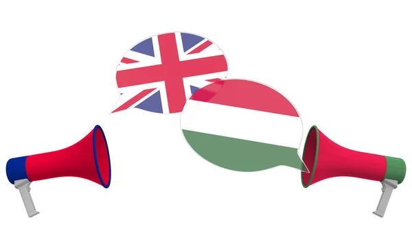 ハンガリーとイギリスの旗で泡を話す。異文化間の対話や国際会談関連の3Dレンダリング — ストック写真