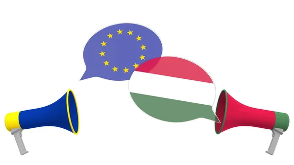 Speech bubbles with flags of Hungary and the European Union EU. Intercultural dialogue or international talks related 3D rendering — Stock Photo, Image