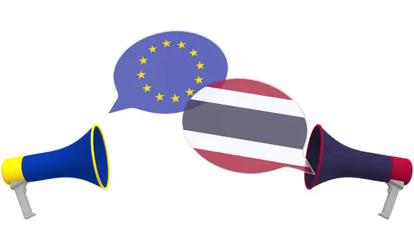 Flags of Thailand and the European Union on speech bubbles with loudspeakers. Intercultural dialogue or international talks related 3D rendering — Stock Photo, Image