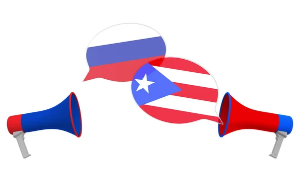 Мовні бульбашки з прапорами Пуерто-Рико та Росії. Міжкультурний діалог або міжнародні розмови пов'язані 3d рендеринга — стокове фото