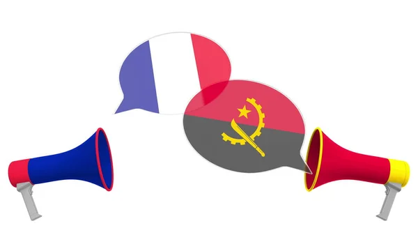 Ομιλίες με σημαίες της Αγκόλας και της Γαλλίας. Διαπολιτισμικός διάλογος ή διεθνείς συνομιλίες 3d απόδοση — Φωτογραφία Αρχείου