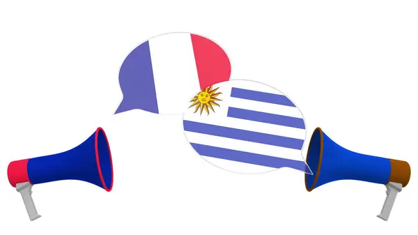 Flags of Uruguay and France on speech bubbles with loudspeakers. Intercultural dialogue or international talks related 3D rendering — Stock Photo, Image