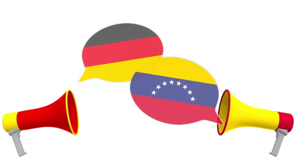 Bolle vocali con bandiere di Venezuela e Germania e altoparlanti. Dialogo interculturale o colloqui internazionali relativi al rendering 3D — Foto Stock