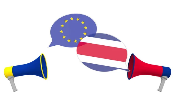 Speech bubbles with flags of Costa Rica and the EU and loudspeakers. Intercultural dialogue or international talks related 3D rendering — Stock Photo, Image