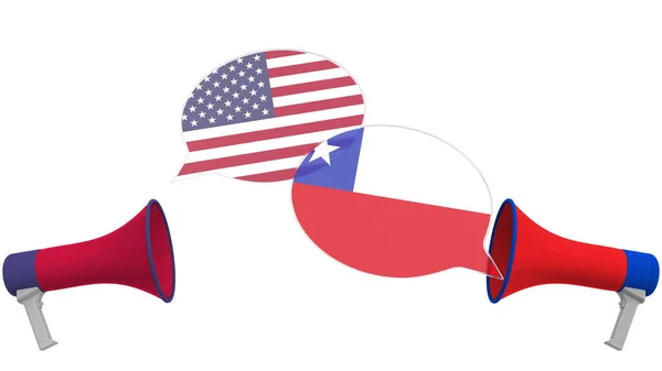 Beszédbuborékok Chile és az USA zászlóival. Kultúrák közötti párbeszéd vagy a 3d-vel kapcsolatos nemzetközi tárgyalások — Stock Fotó